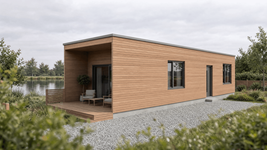 Außenansicht eines CLT-Massivholzhauses mit horizontaler Lärchenholzverkleidung – massivholzhaus bauen – Nørvik Homes