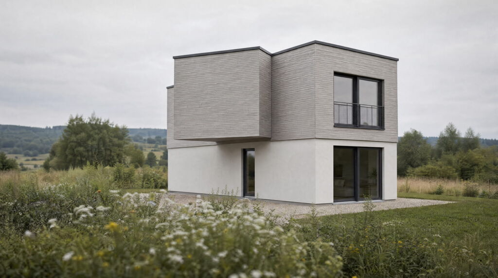 CLT-Holzhaus mit vorvergrauter Lärchenfassade in sanfter Thüringer Hügellandschaft, Wildblumenstreifen im Vordergrund, bewölkter Himmel, gedämpfte Töne – ökologische dämmung – Nørvik Homes
