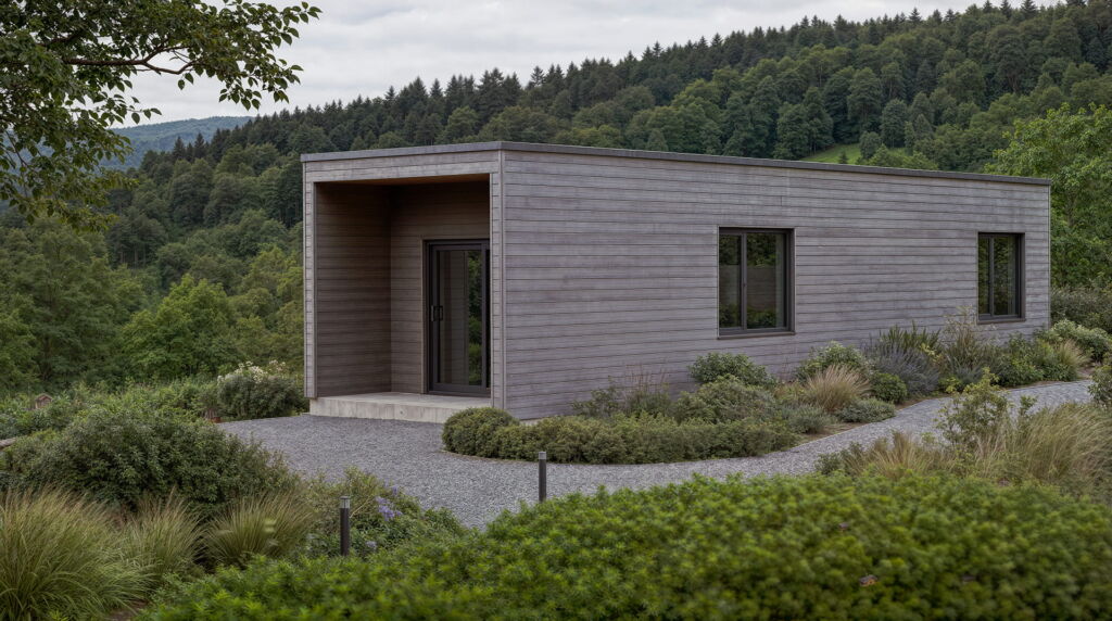 CLT-Holzhaus mit vorvergrauter Lärchenfassade silbergrau, Flachdach, dunkle Fensterrahmen, Thüringer Hügellandschaft mit Laubwald im Hintergrund, Schotterpfad, Heckenpflanzung – nachhaltig bauen mit holz – Nørvik Homes