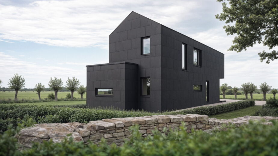 Modernes Fertighaus mit heller Fichte-Lärchen-Fassade beige-weiß, Flachdach, dunkle Fenster, Münsterland-Landschaft mit Hecken und Kopfweiden, Natursteinmauer und Heckenpflanzung im Vordergrund, Frühsommer – fertighaus preise – Nørvik Homes